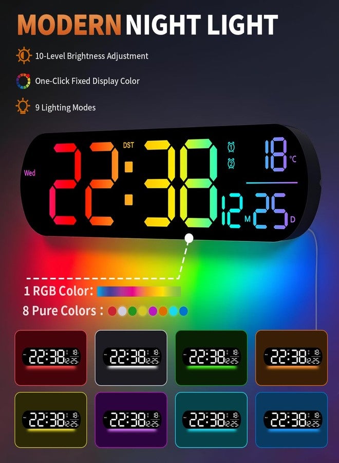 ساعة حائط رقمية كبيرة من GLOKUUCA مقاس 14 بوصة، مؤقت تنازلي، منبه، شاشة LED كبيرة، 11 لون RGB، عرض درجة الحرارة، مناسبة لغرفة المعيشة، الفصل الدراسي، المكتب، هدية عيد الميلاد، هدية عيد ميلاد للأم أو الأب (بيضاوي) - Image 5